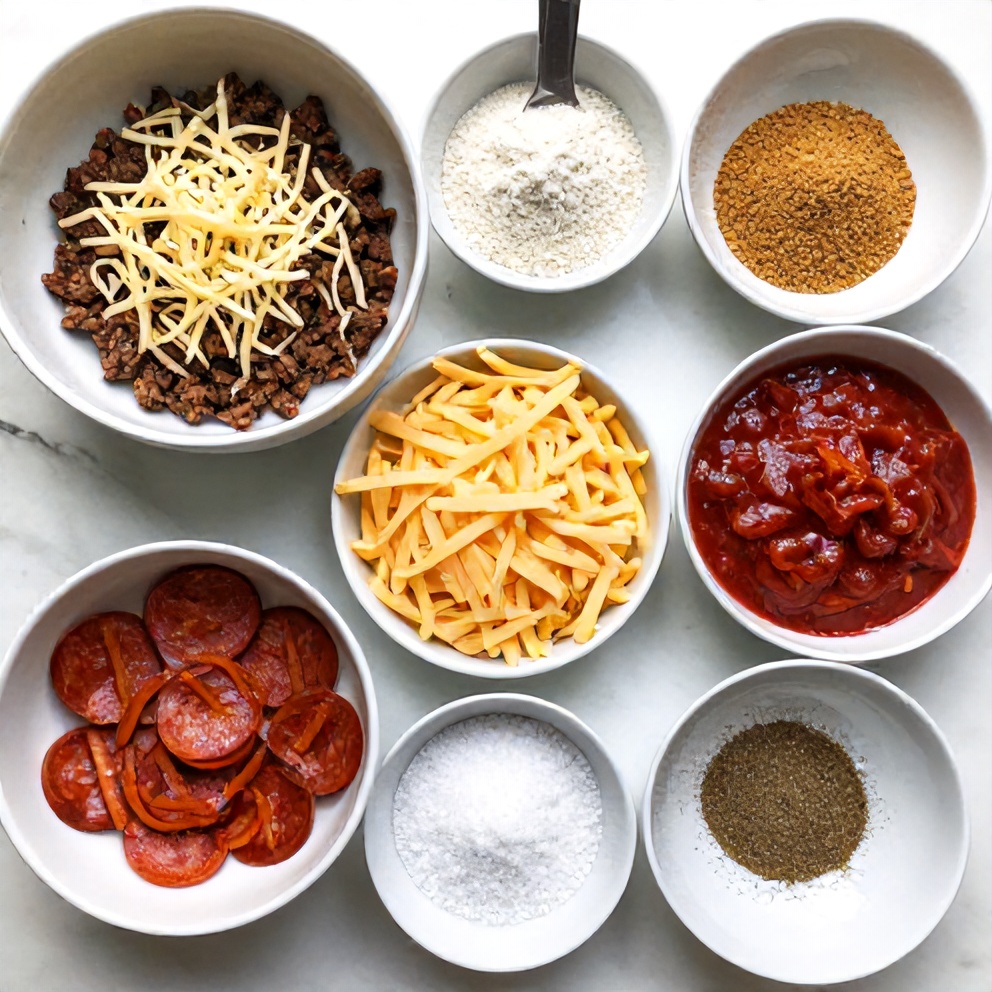 Raw ingredients for low carb pizza casserole laid out on a wooden surface