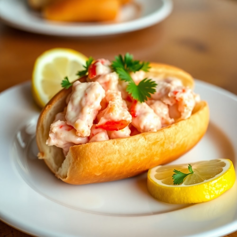 Plated Maine Lobster Roll with lemon wedge and parsley