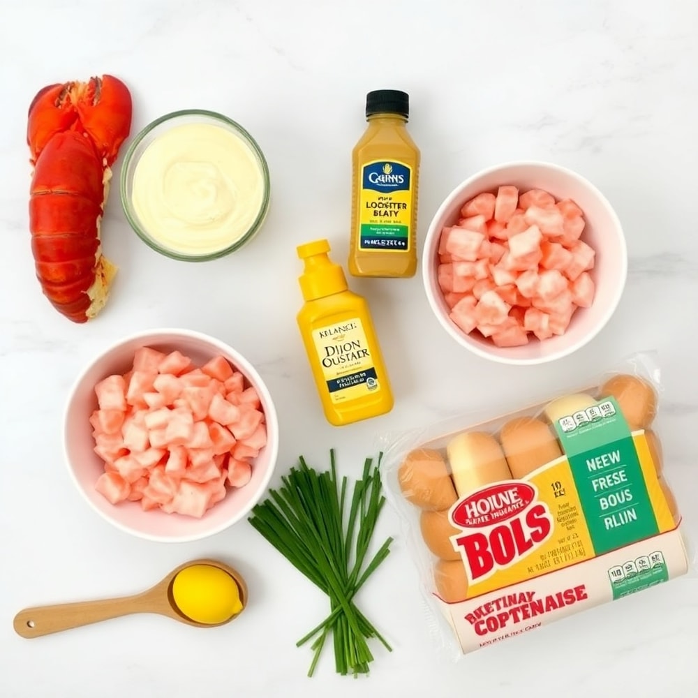 Raw ingredients for Maine Lobster Rolls on a marble surface