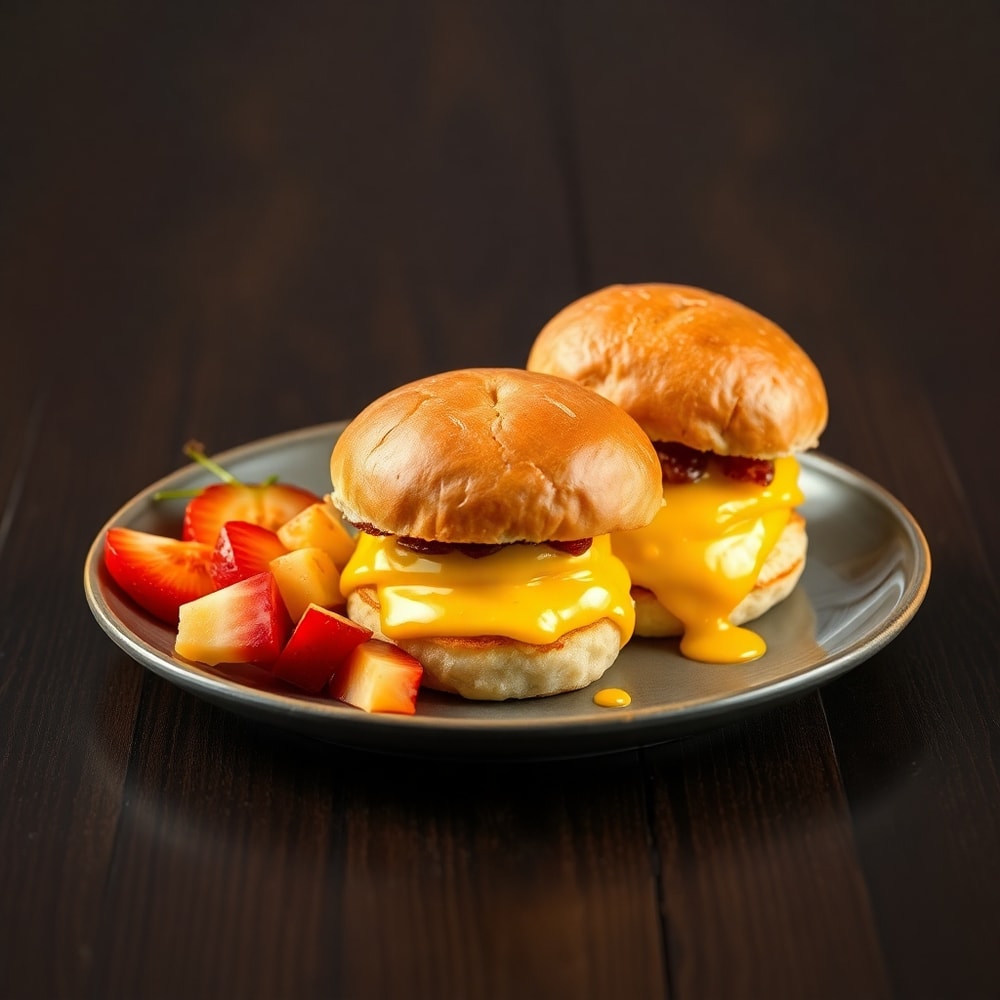 Plated breakfast sliders with a side of fresh fruit