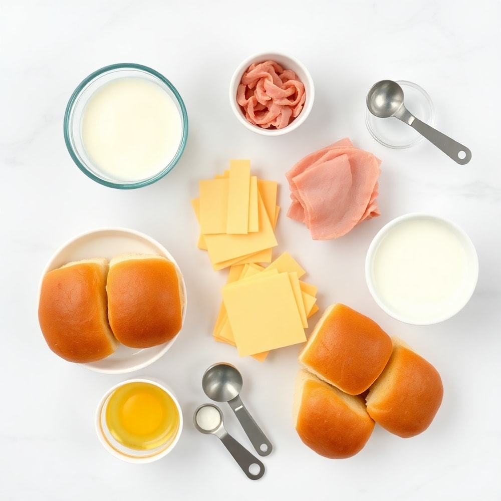 Raw ingredients for breakfast sliders on a white marble surface
