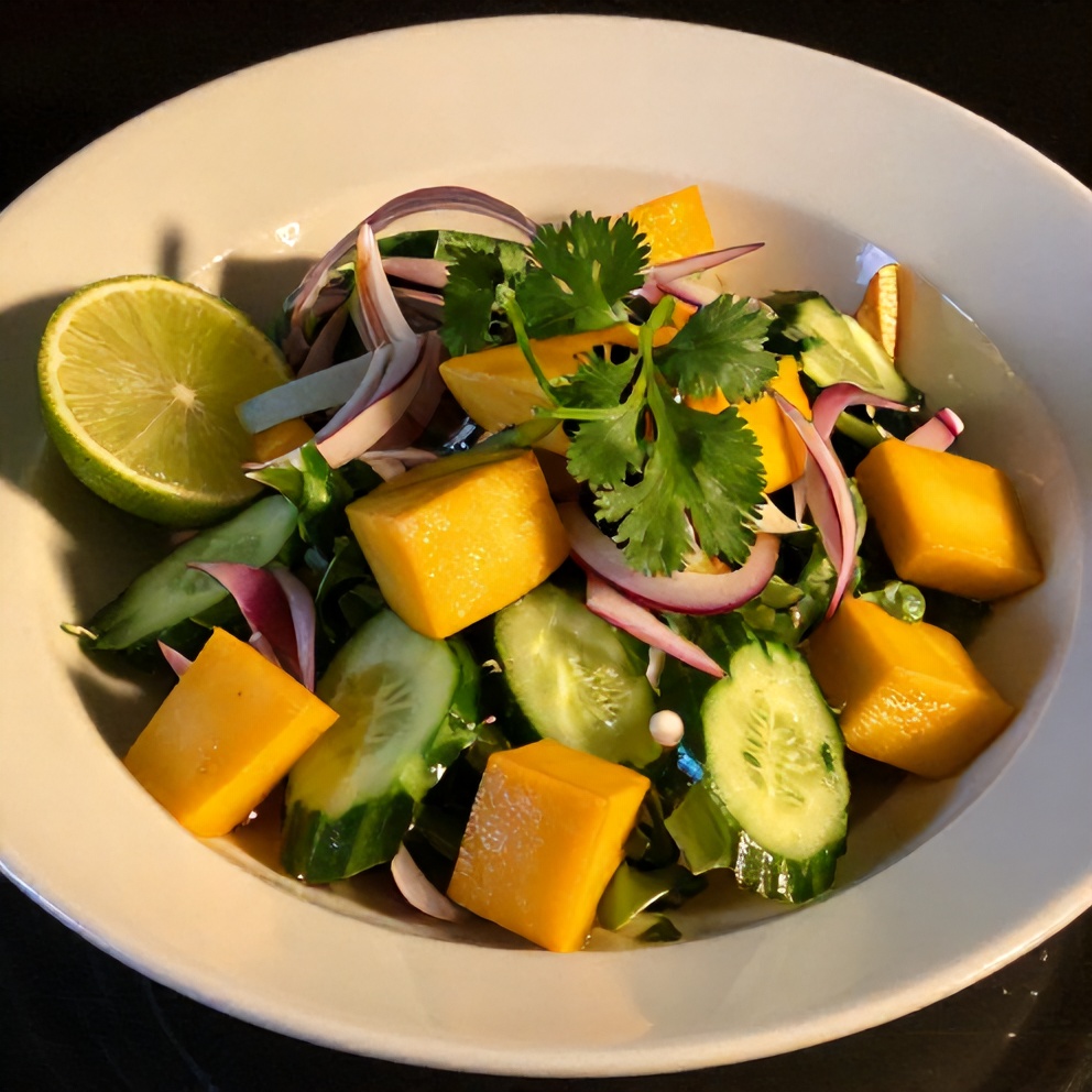 Plated serving of mango cucumber salad with fresh cilantro and a lime wedge
