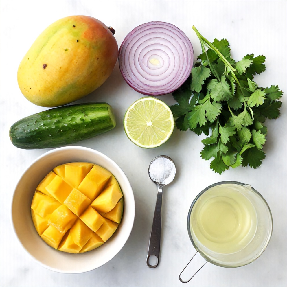 Raw ingredients for mango cucumber salad: ripe mango, cucumber, red onion, fresh herbs, and lime