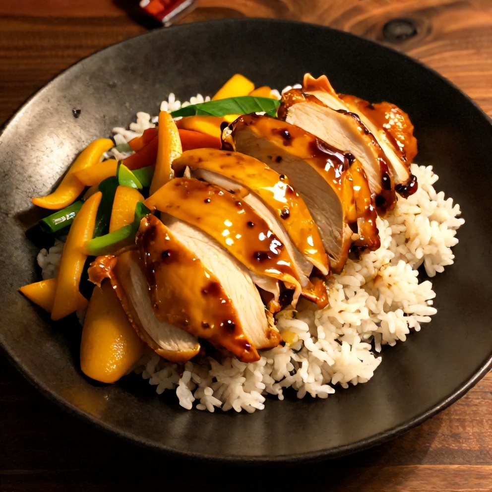 Plated Mango Glazed Chicken Stir-Fry