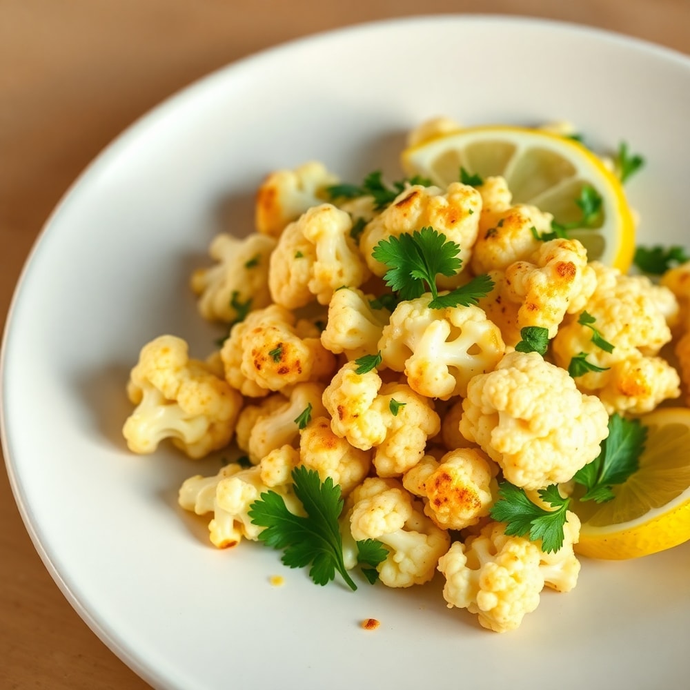 Plated Marinated Cauliflower Salad with Fresh Parsley and Lemon Slices