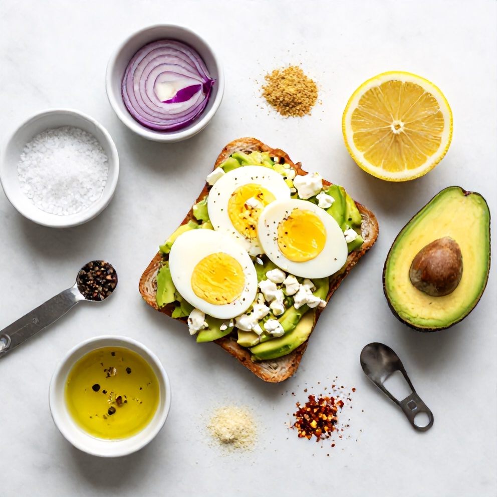 Raw ingredients for Mediterranean avocado toast