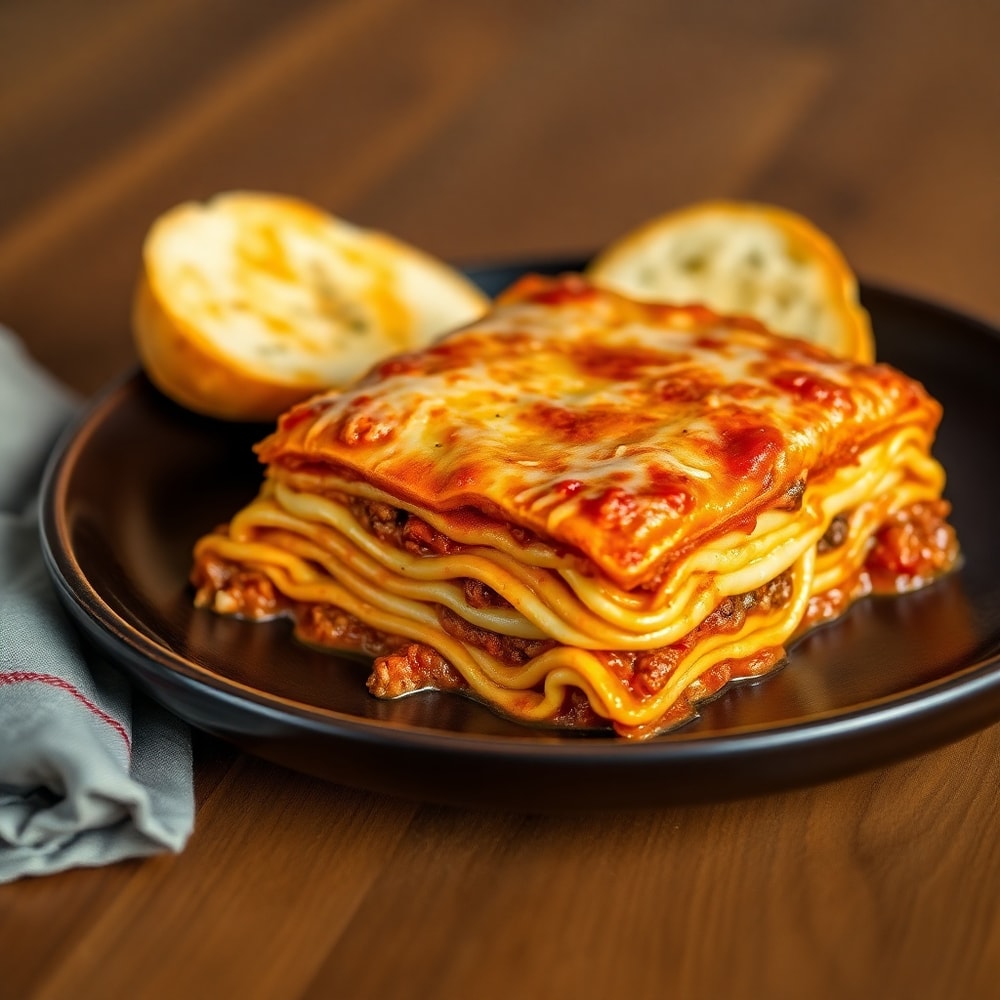 Plated serving of Million Dollar Lasagna with a side of garlic bread