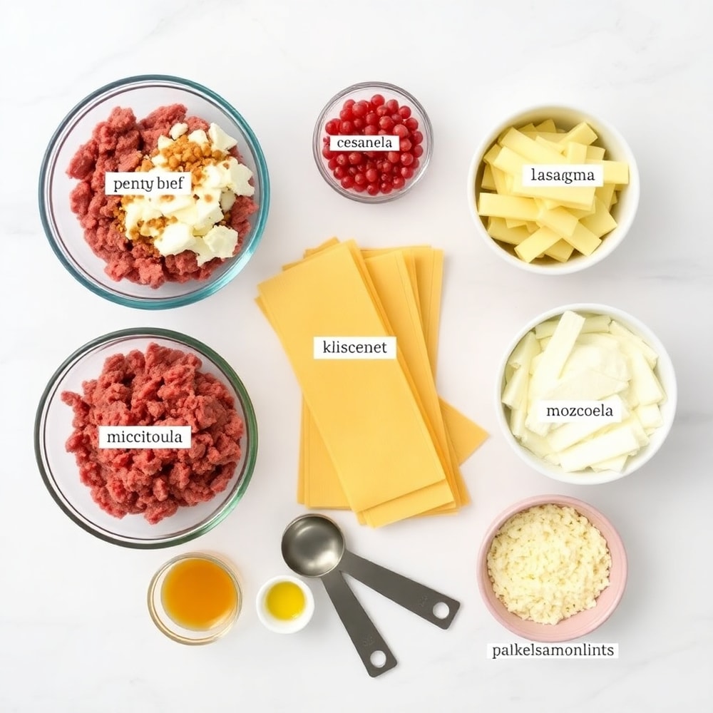 Raw ingredients for Million Dollar Lasagna including ground beef, lasagna noodles, ricotta cheese, and mozzarella cheese