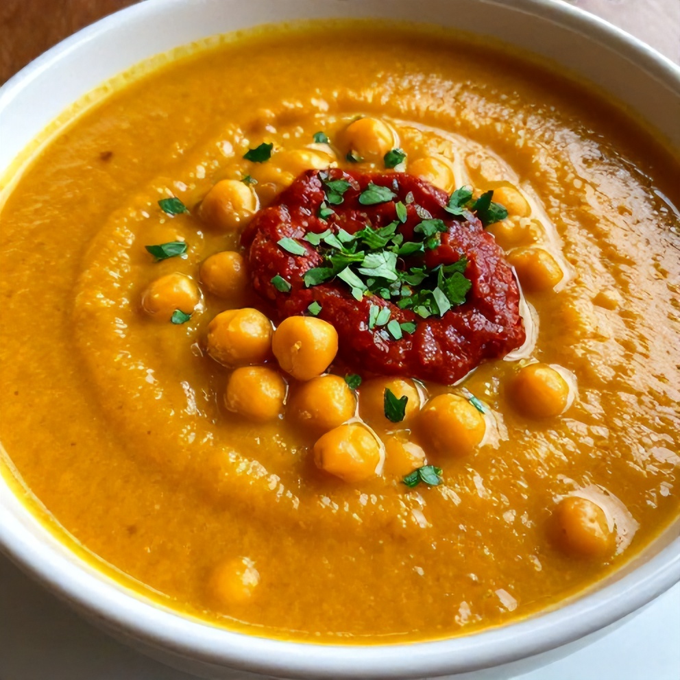 Bowl of Moroccan Sweet Potato and Chickpea Soup with a spoonful of harissa