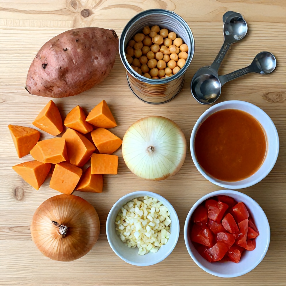 Ingredients for Moroccan Sweet Potato and Chickpea Soup on a wooden surface