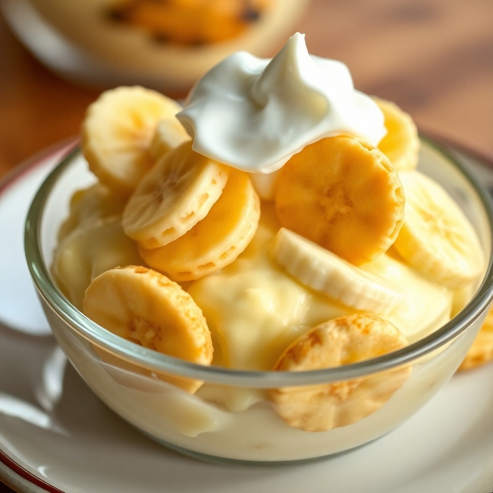 Served No Bake Banana Pudding with a dollop of whipped cream