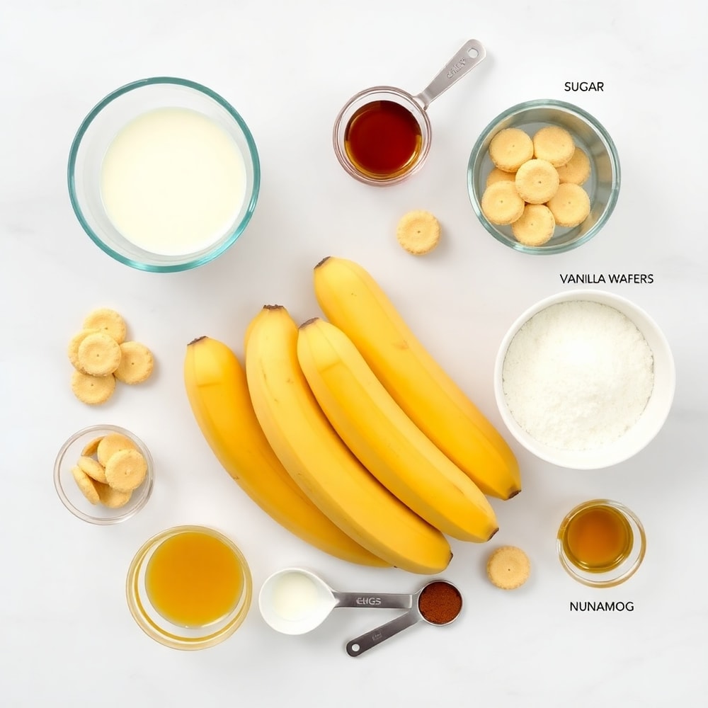 Raw ingredients for No Bake Banana Pudding including bananas, vanilla wafers, and milk
