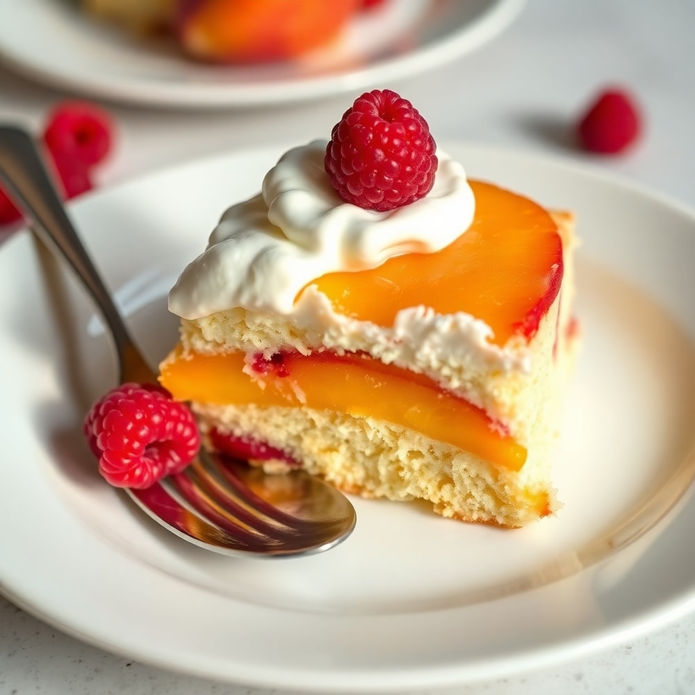 Sliced No-Bake Peach Melba Icebox Cake on a plate with a spoon