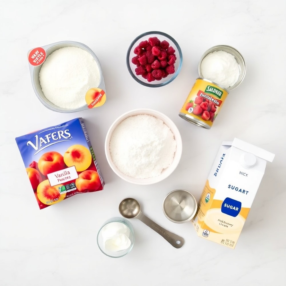 Raw ingredients for No-Bake Peach Melba Icebox Cake on a marble surface