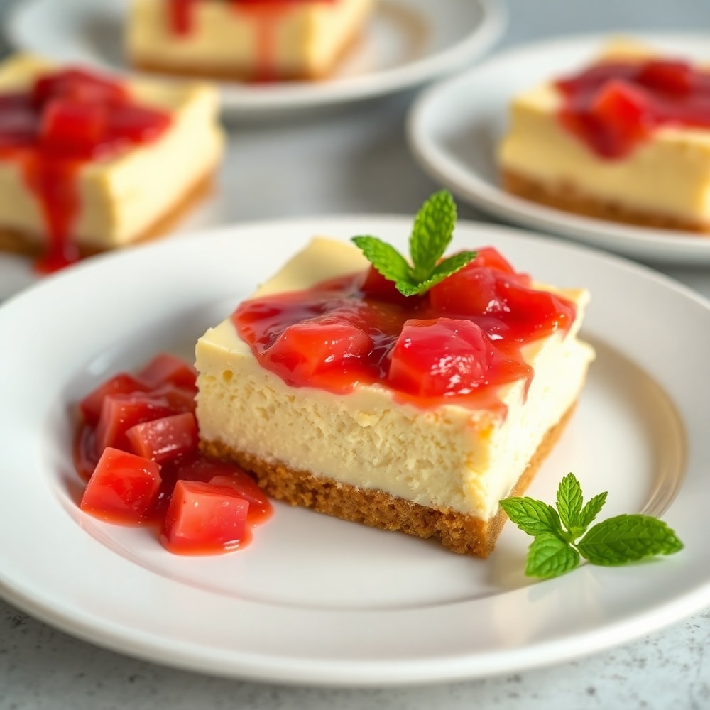 No Bake Rhubarb Cheesecake Squares on a white plate with a sprig of mint