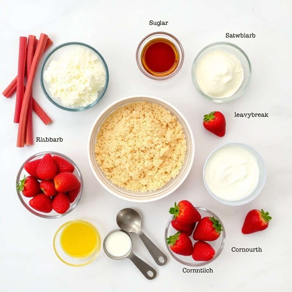 Raw ingredients for No Bake Rhubarb Cheesecake Squares on a white marble surface