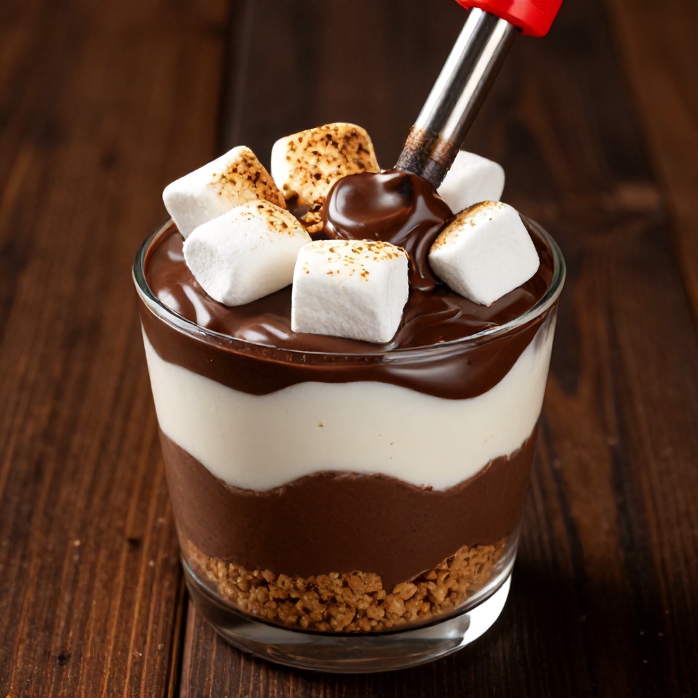 No Bake S’mores Pudding Cups served in individual cups, garnished with melted chocolate and mini marshmallows