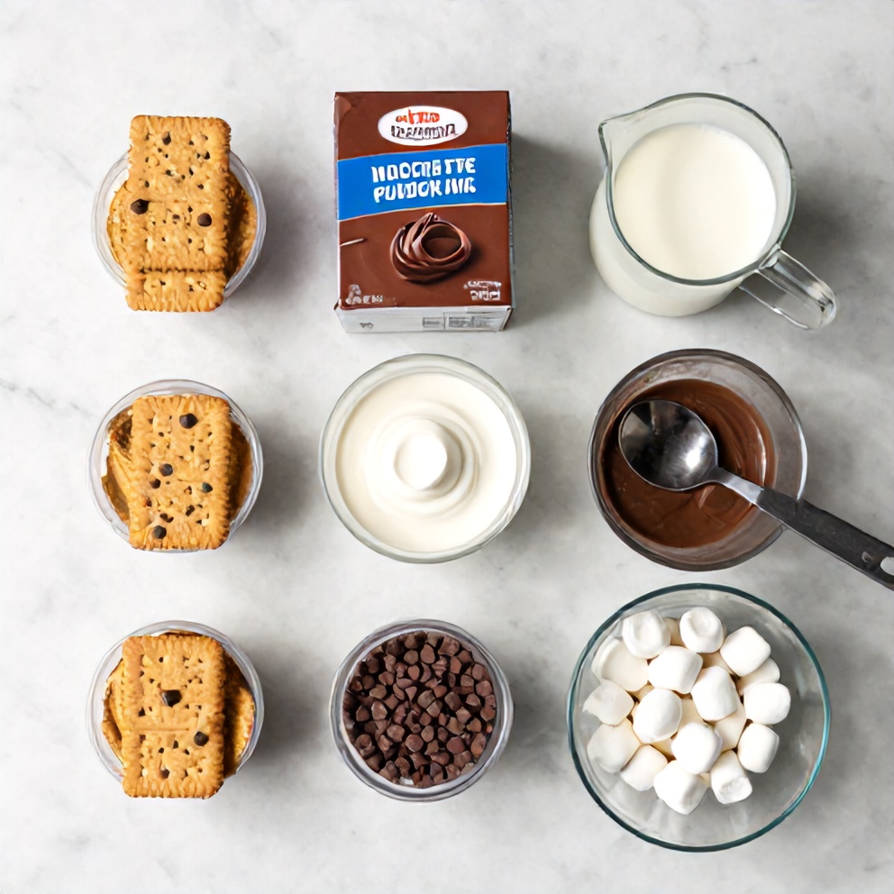 Graham crackers, chocolate pudding mix, instant chocolate pudding, milk, marshmallow creme, chocolate chips, mini marshmallows, and a mixing bowl arranged on a white marble surface