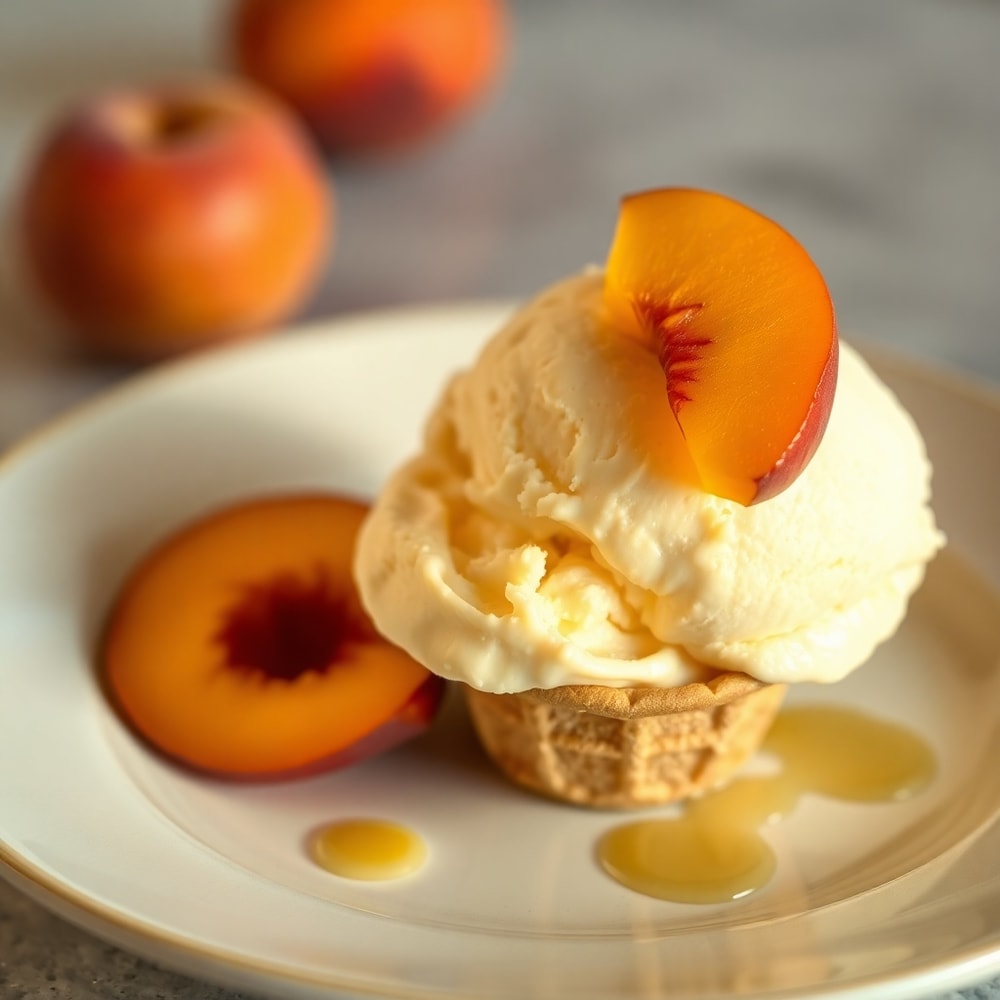 Scoop of creamy no-churn roasted peach ice cream on a cone