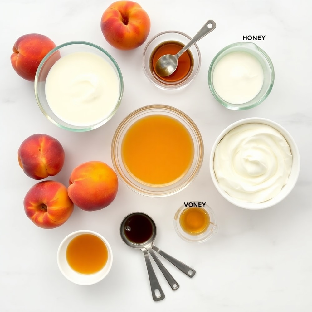 Raw ingredients for no-churn roasted peach ice cream on a marble surface