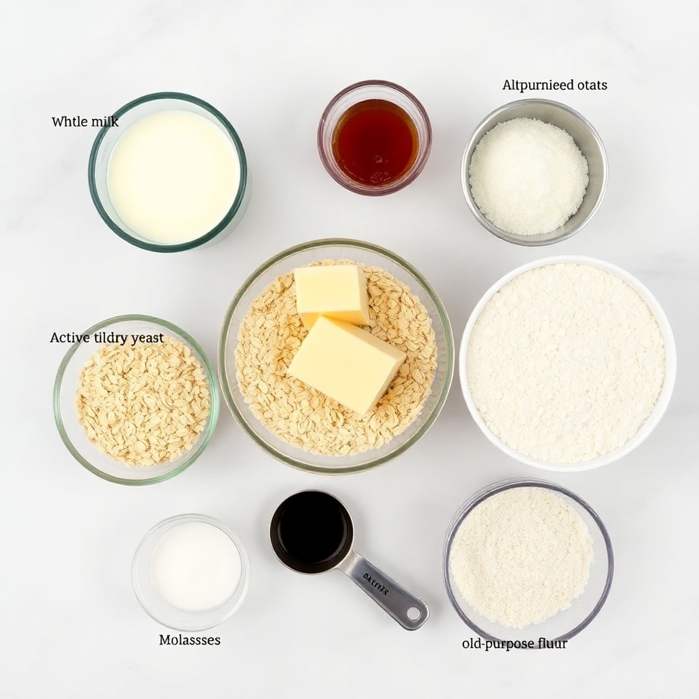 Oatmeal Molasses Rolls ingredients flat lay
