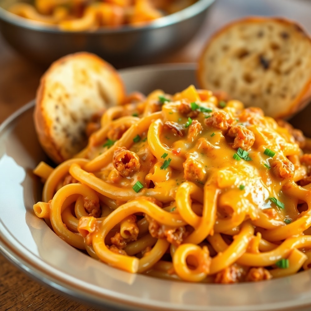 One Pot Cheesy Taco Pasta served in a bowl with a side of garlic bread