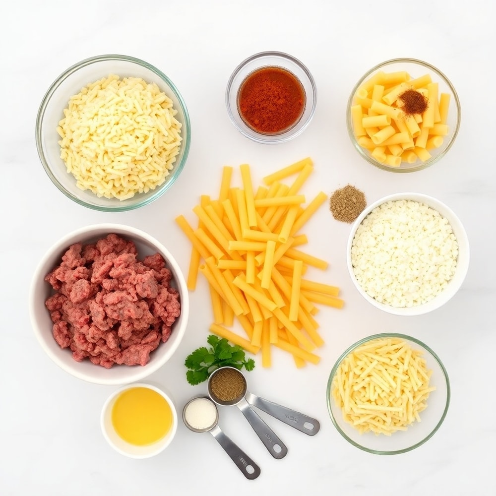 Raw ingredients for One Pot Cheesy Taco Pasta including ground beef, pasta, and cheese