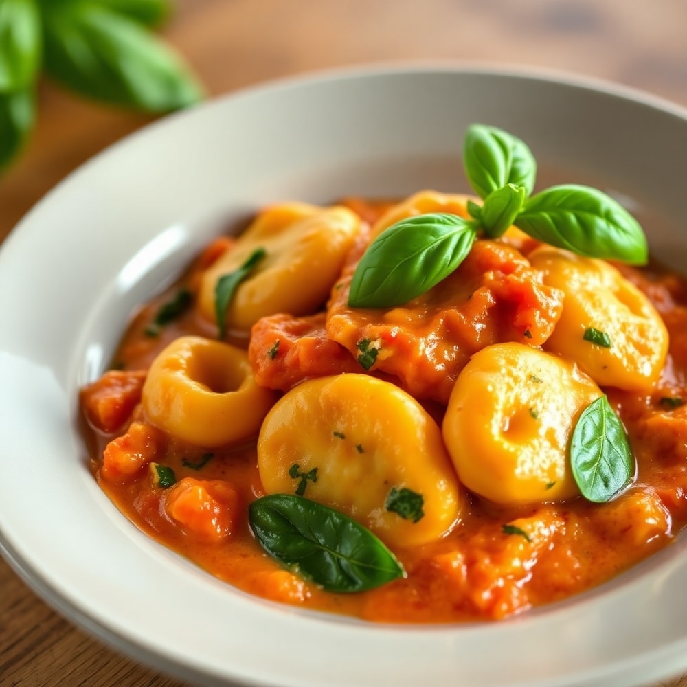 One Pot Creamy Spinach Tomato Tortellini plated, garnished with fresh basil, warm side lighting
