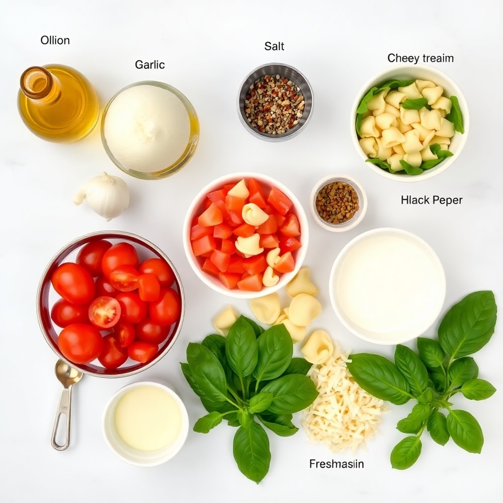 Raw ingredients for One Pot Creamy Spinach Tomato Tortellini, overhead flat lay, measuring spoons and bowls visible
