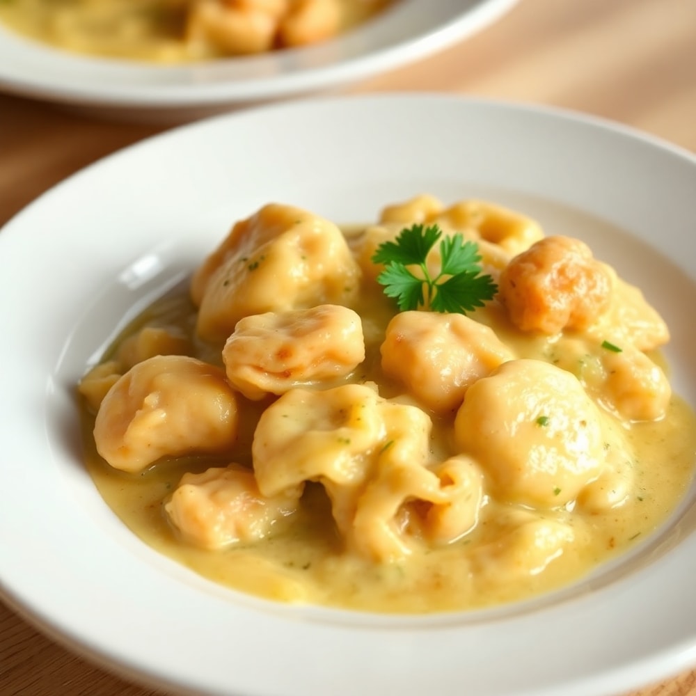One pot gnocchi chicken pot pie plated with fresh parsley