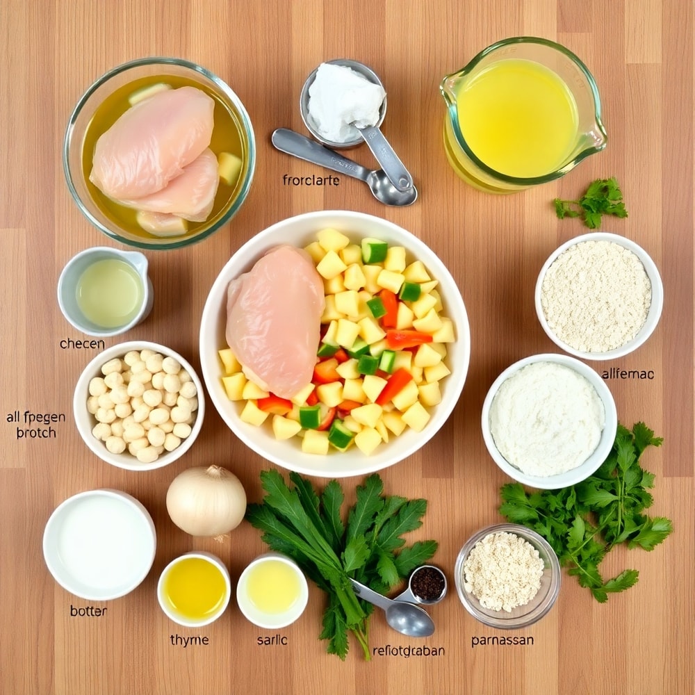 Raw ingredients for one pot gnocchi chicken pot pie on a wooden surface