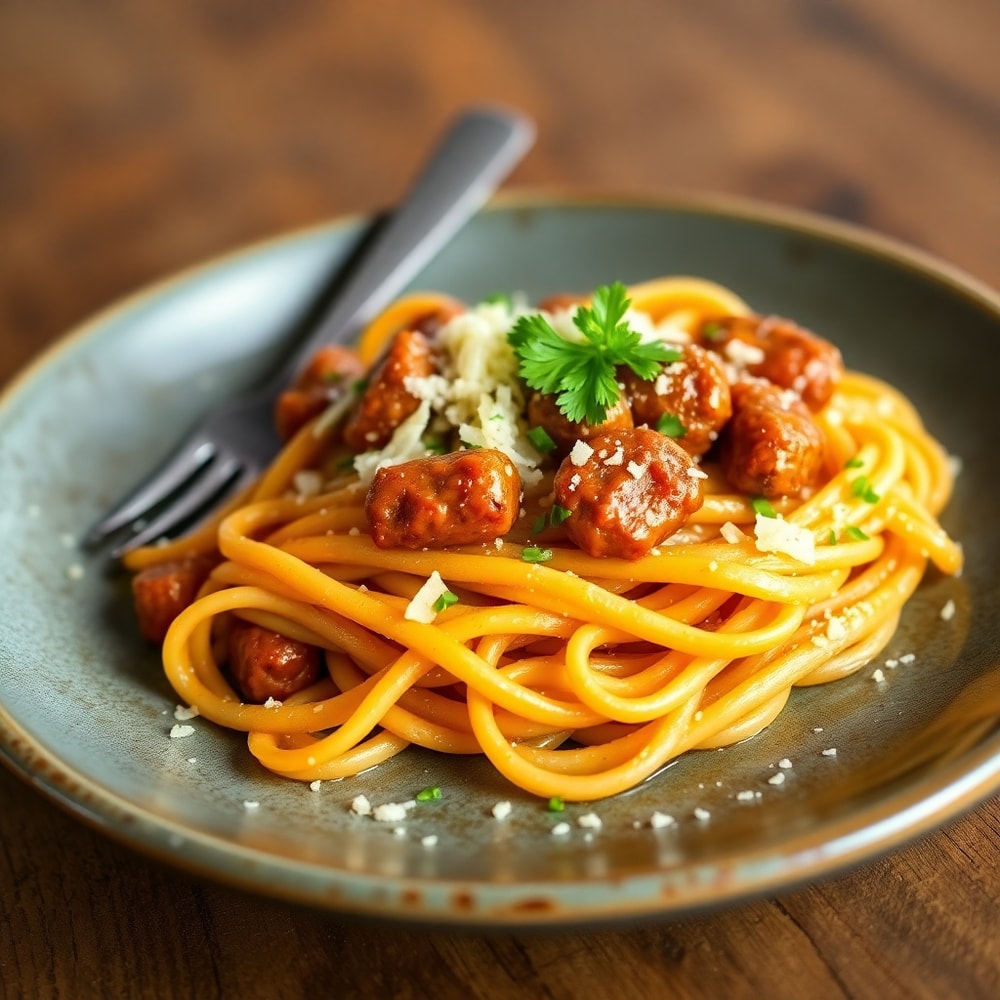 Plated One-Pot Honey BBQ Sausage Pasta on a rustic plate