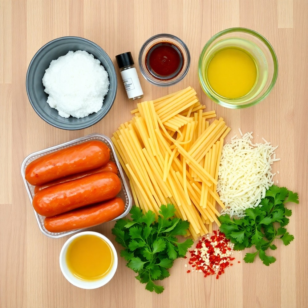 Raw ingredients for One-Pot Honey BBQ Sausage Pasta on a wooden surface