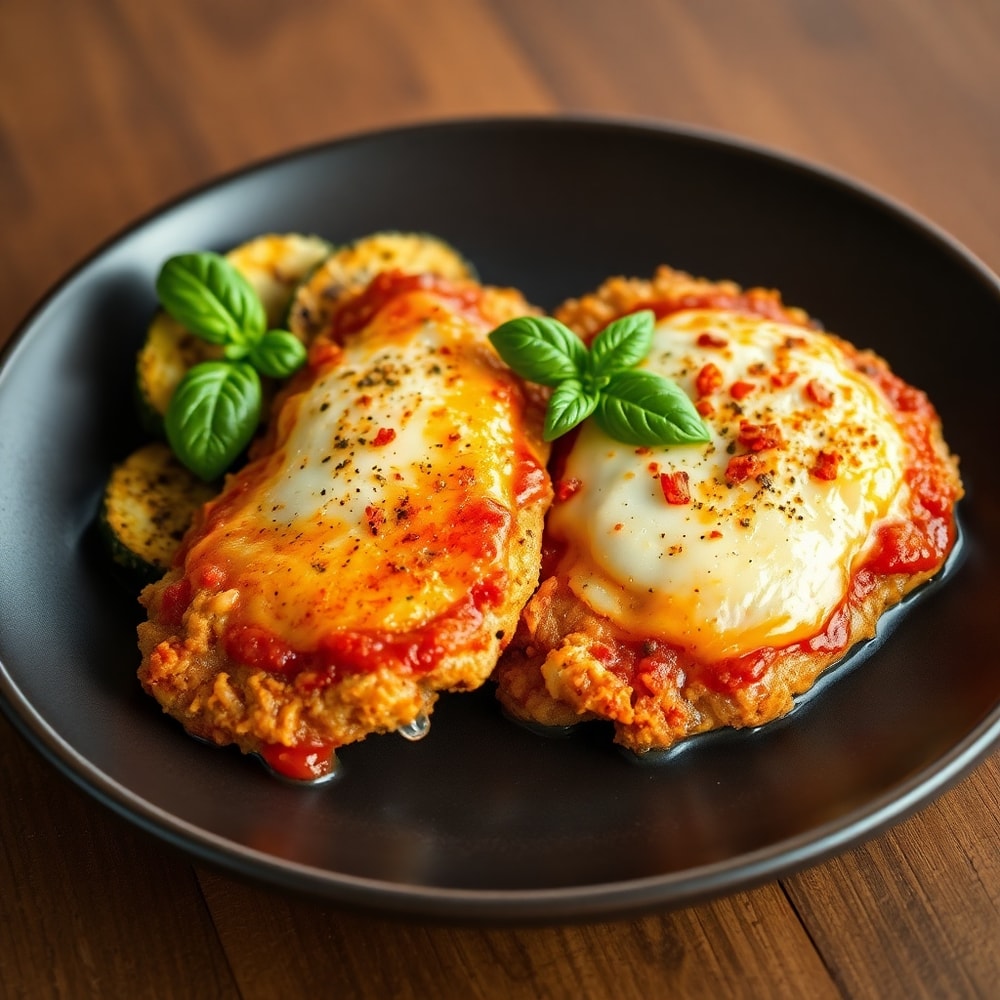 Plated serving of crispy oven baked chicken parmesan with garlic parmesan roasted zucchini