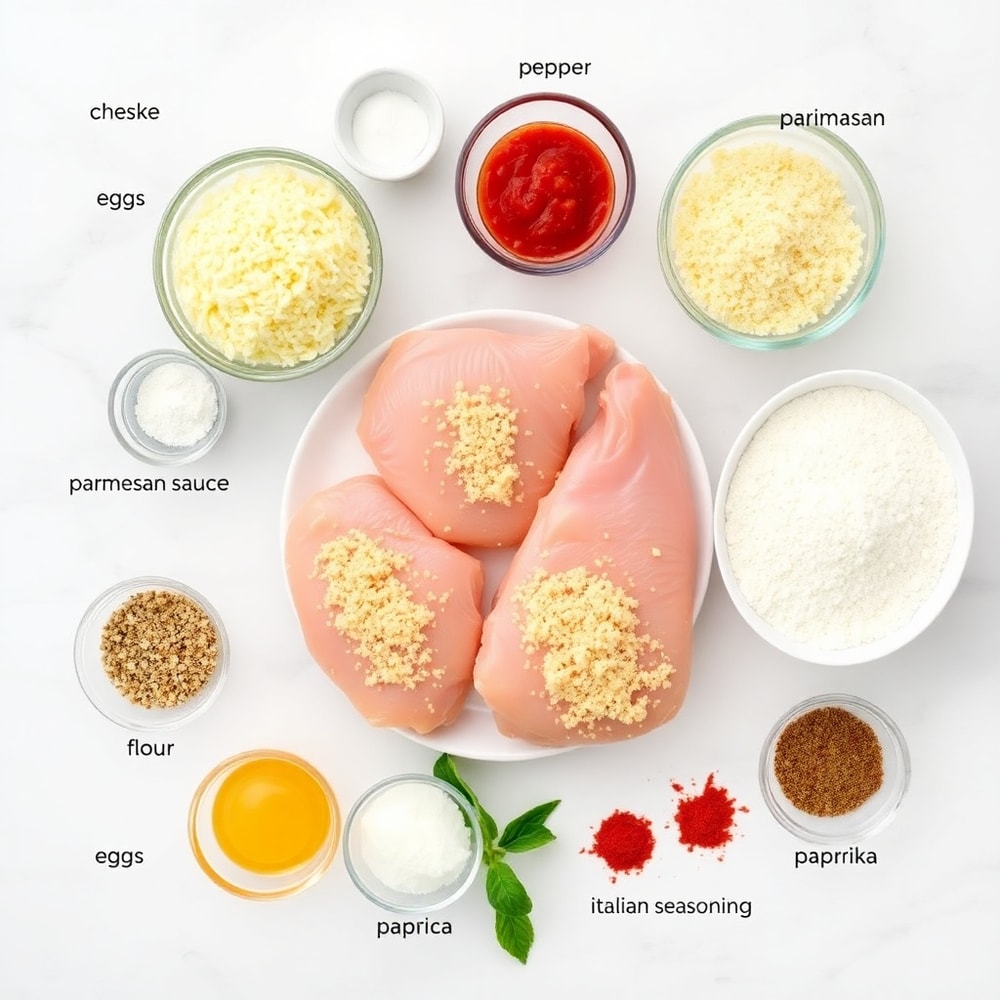 Raw ingredients for oven baked chicken parmesan including chicken breasts, breadcrumbs, parmesan cheese, and marinara sauce