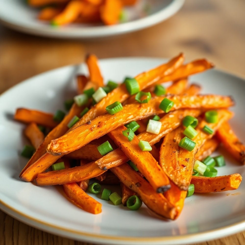 Plated serving of crispy oven baked sweet potato fries with green onions