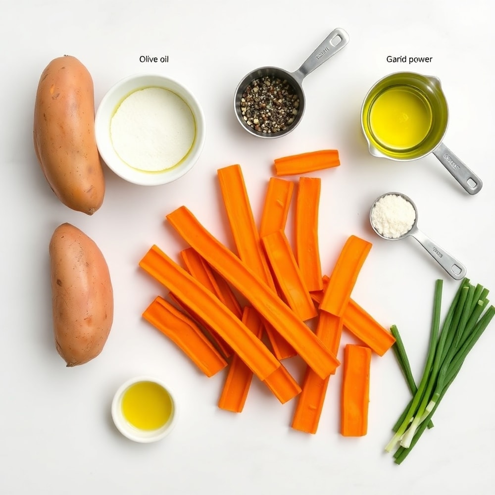 Raw ingredients for oven baked sweet potato fries on a white marble surface