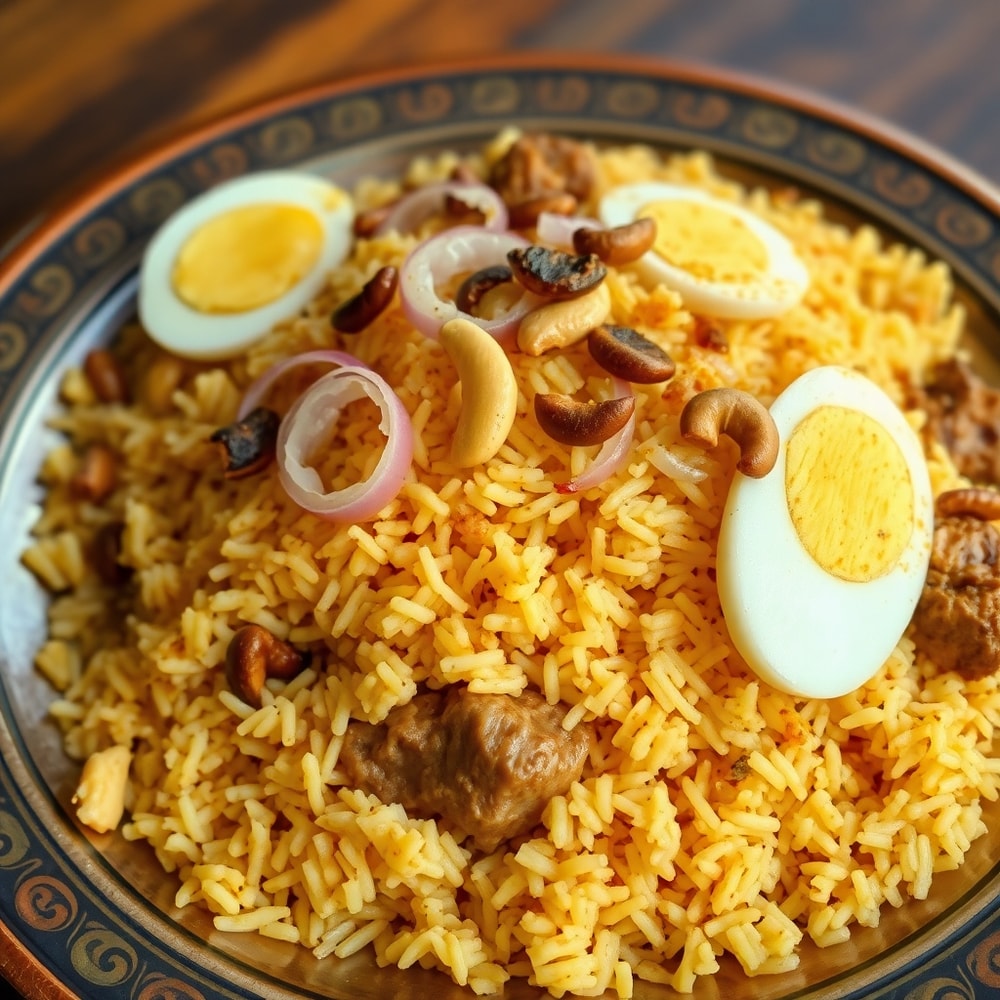 Plated Pakistani Biryani with garnish