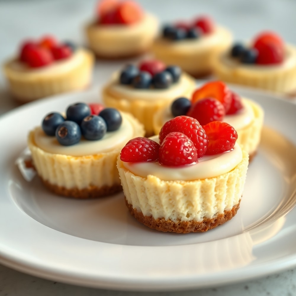 Patriotic mini cheesecakes with flag topping on a white plate