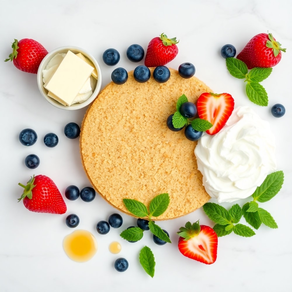 Raw ingredients for patriotic mini cheesecakes on a marble surface