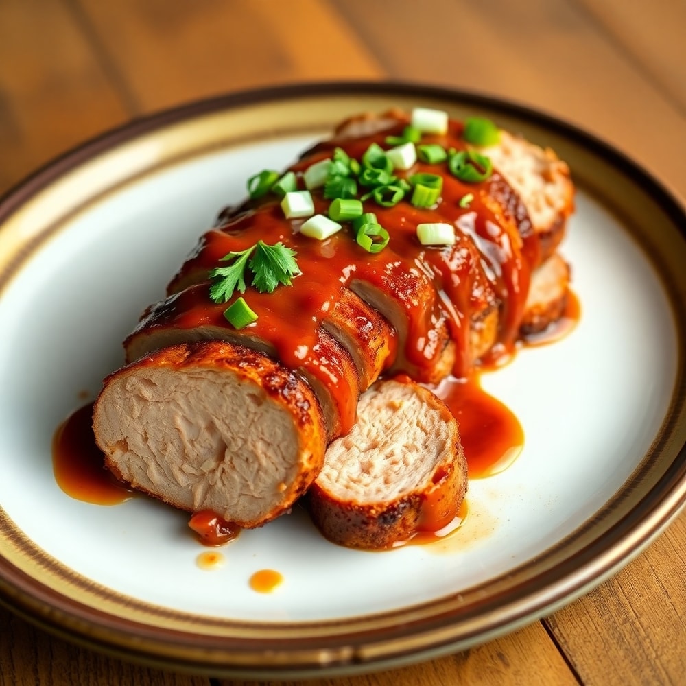 Plated Peach Bourbon BBQ Pork Tenderloin with garnish