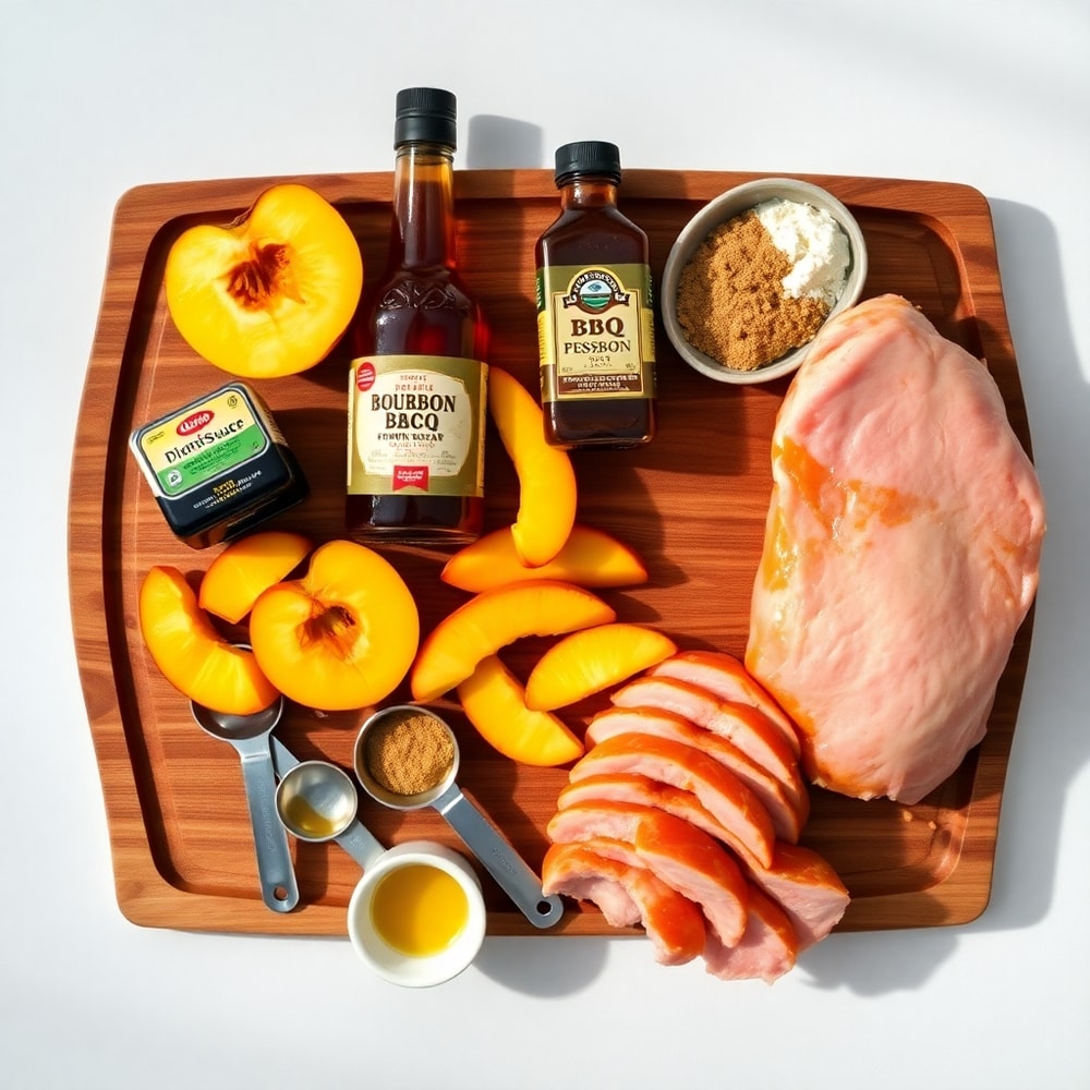 Ingredients for Peach Bourbon BBQ Pork Tenderloin on a wooden board