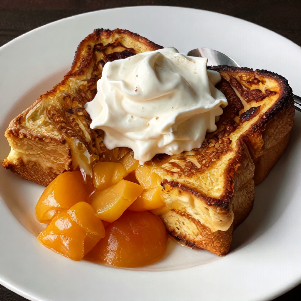 Plated serving of Peach Cobbler French Toast Bake with a fork