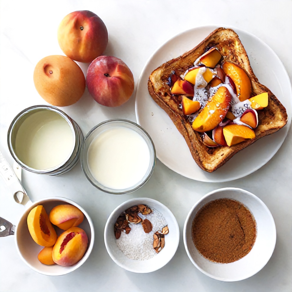Raw ingredients for Peach Cobbler French Toast Bake arranged in a flat lay
