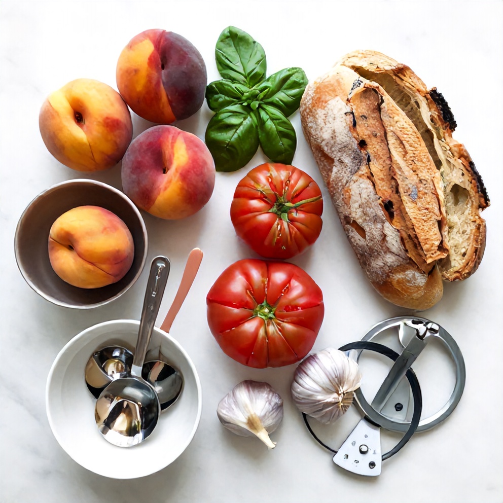 Raw ingredients for Peach and Tomato Panzanella Salad