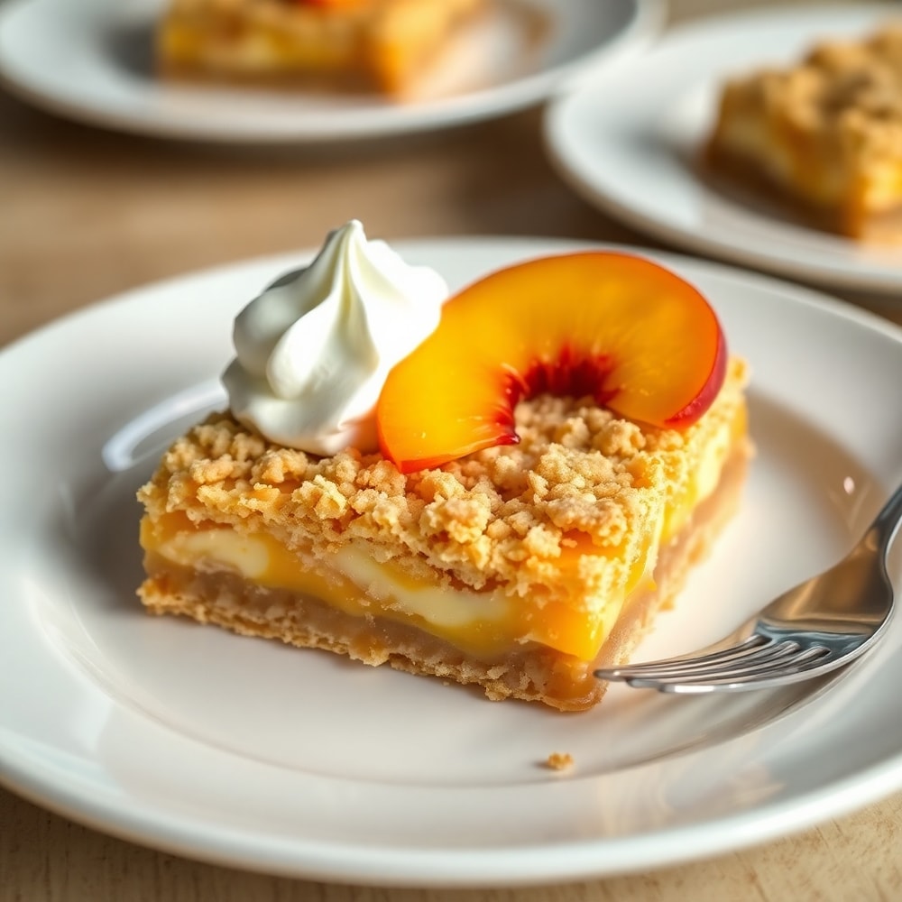 Peaches and Cream Crumble Bars on a dessert plate
