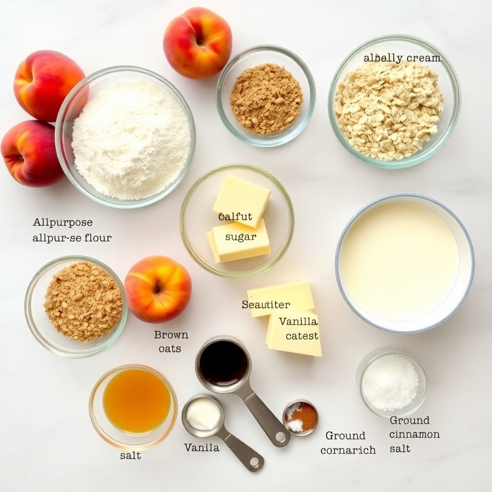 Raw ingredients for Peaches and Cream Crumble Bars on a marble counter