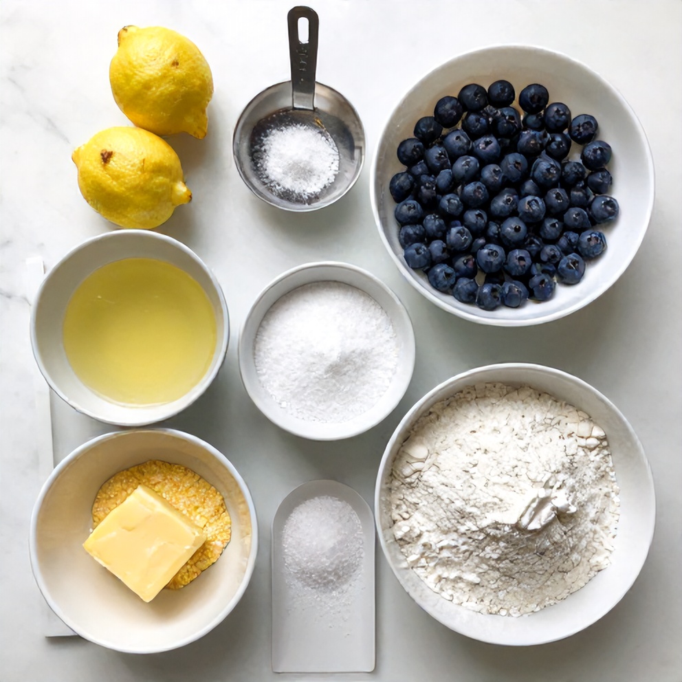 Raw ingredients for blueberry pie on a marble surface