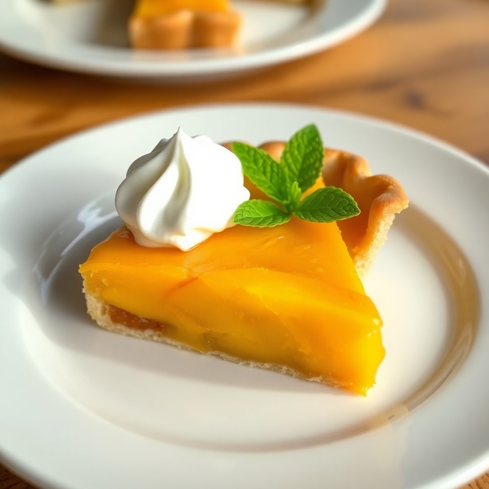 Sliced peach pie on a white plate with a dollop of whipped cream