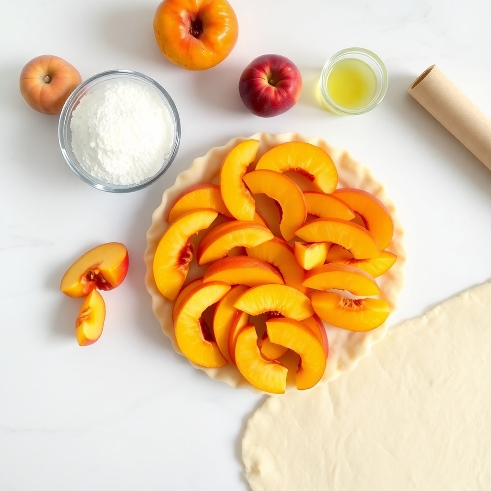 Arrangement of fresh peaches, sugar, cornstarch, lemon juice, and pie crust on a white marble surface
